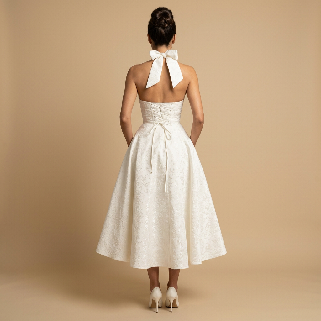 Vestido Midi Mujer Jacquard Escote en V Falda de Vuelo