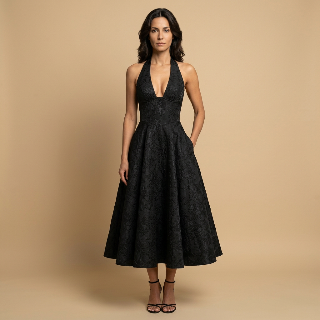 Vestido Midi Mujer Jacquard Escote en V Falda de Vuelo