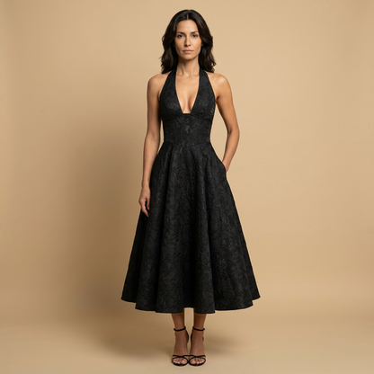Vestido Midi Mujer Jacquard Escote en V Falda de Vuelo