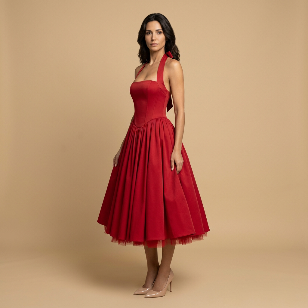 Vestido Midi Mujer de Tul Corsé Halter Falda de Vuelo