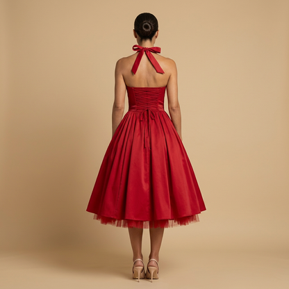 Vestido Midi Mujer de Tul Corsé Halter Falda de Vuelo
