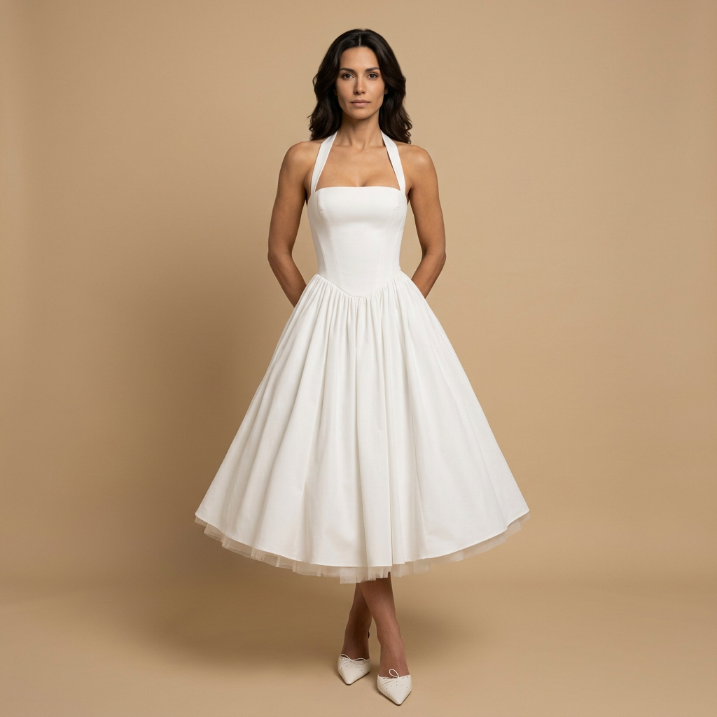 Vestido Midi Mujer de Tul Corsé Halter Falda de Vuelo