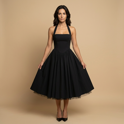 Vestido Midi Mujer de Tul Corsé Halter Falda de Vuelo