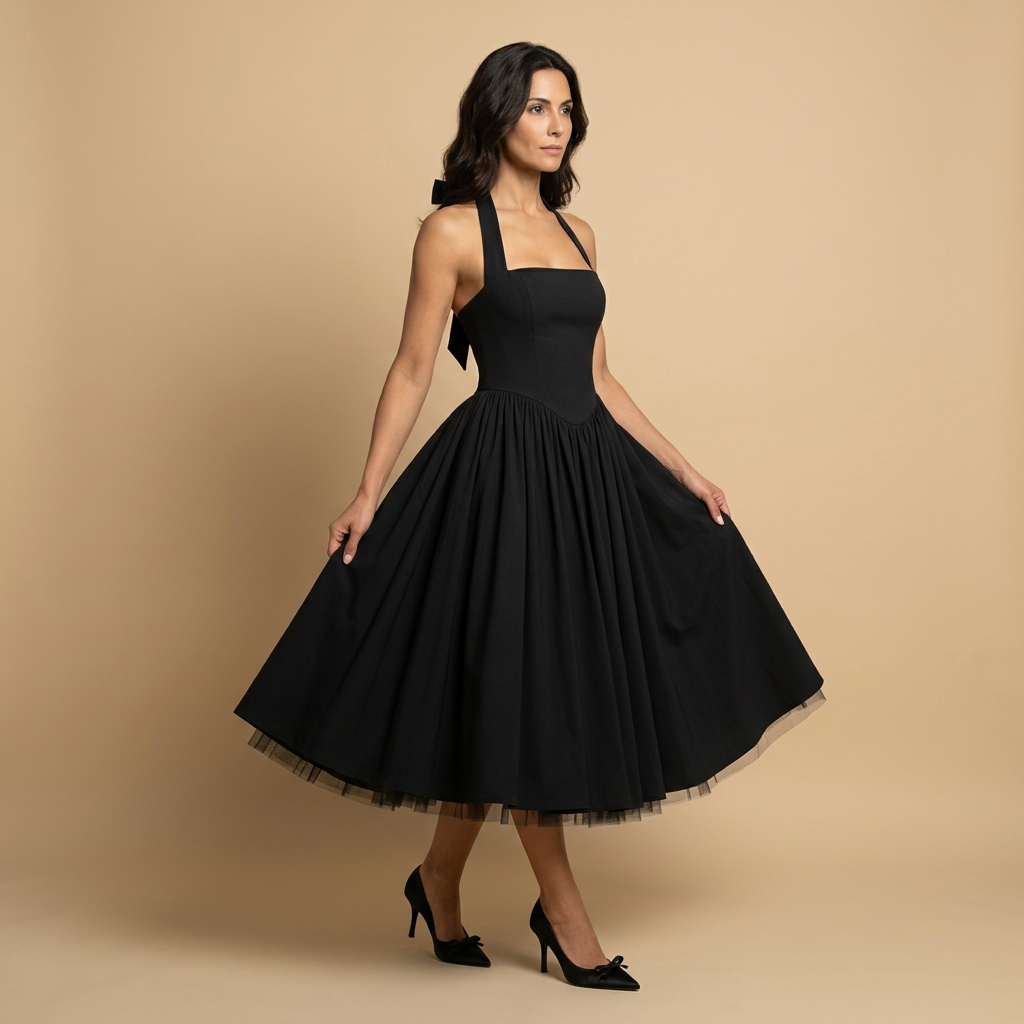 Vestido Midi Mujer de Tul Corsé Halter Falda de Vuelo
