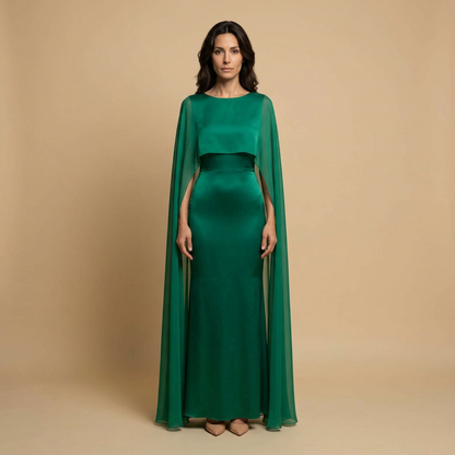 Vestido Largo Mujer Satinado Chifón Manga Ángel