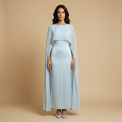 Vestido Largo Mujer Satinado Chifón Manga Ángel