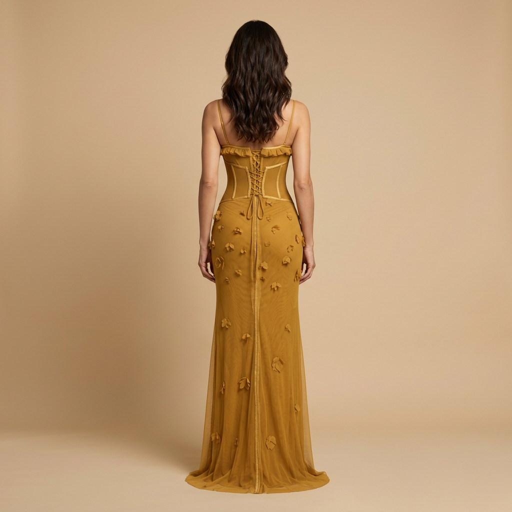 Vestido Largo Mujer con Corsé y Apliques Florales 3D