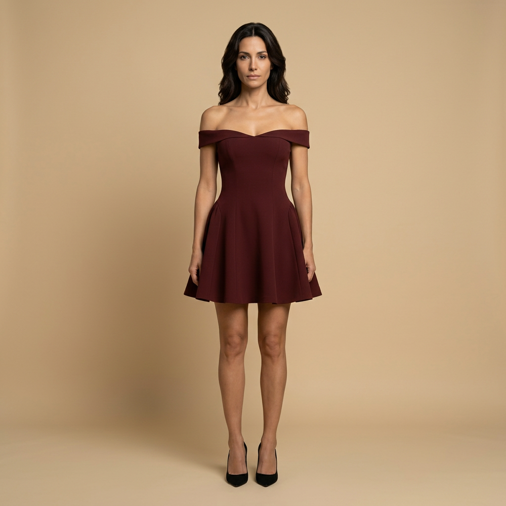 Vestido Corto Mujer Escote Bardot Ajuste Entallado y Acampanado