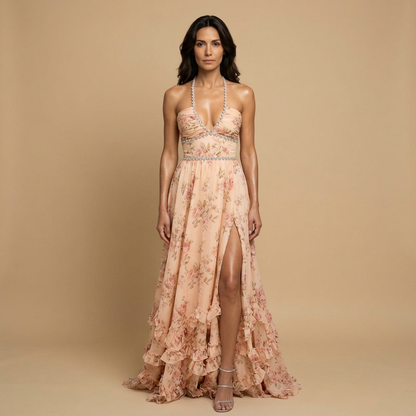 Vestido Largo Mujer Halter Floral Volantes Perlas - Mavetta