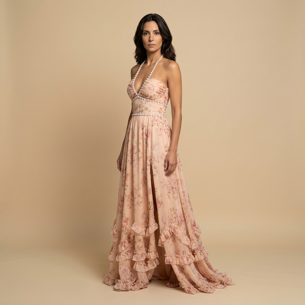 Vestido Largo Mujer Halter Floral Volantes Perlas