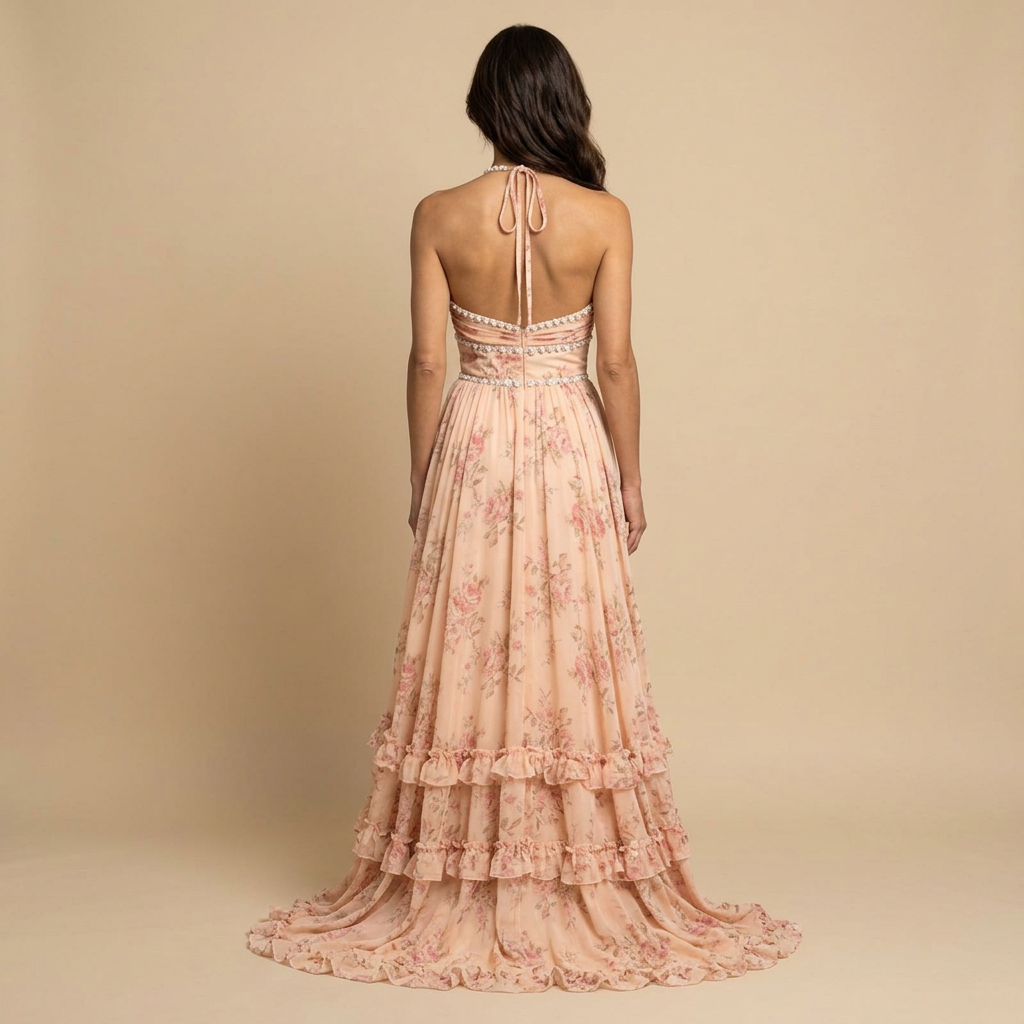 Vestido Largo Mujer Halter Floral Volantes Perlas