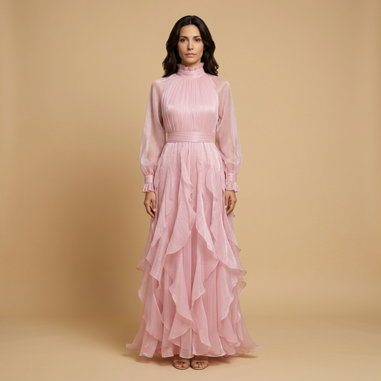 Vestido Largo Mujer de Chifón Cuello Alto Manga Globo - Mavetta