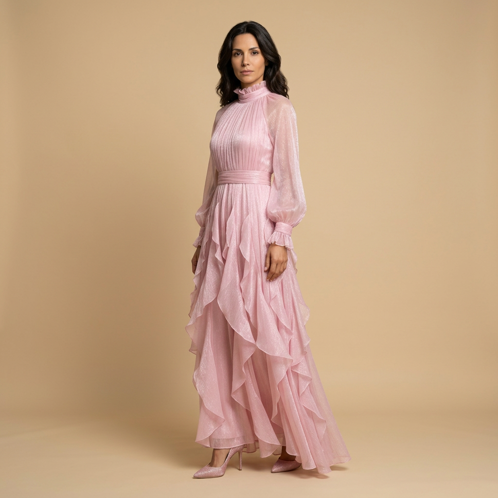 Vestido Largo Mujer de Chifón Cuello Alto Manga Globo
