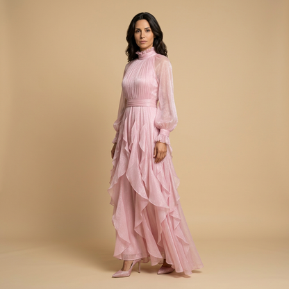 Vestido Largo Mujer de Chifón Cuello Alto Manga Globo
