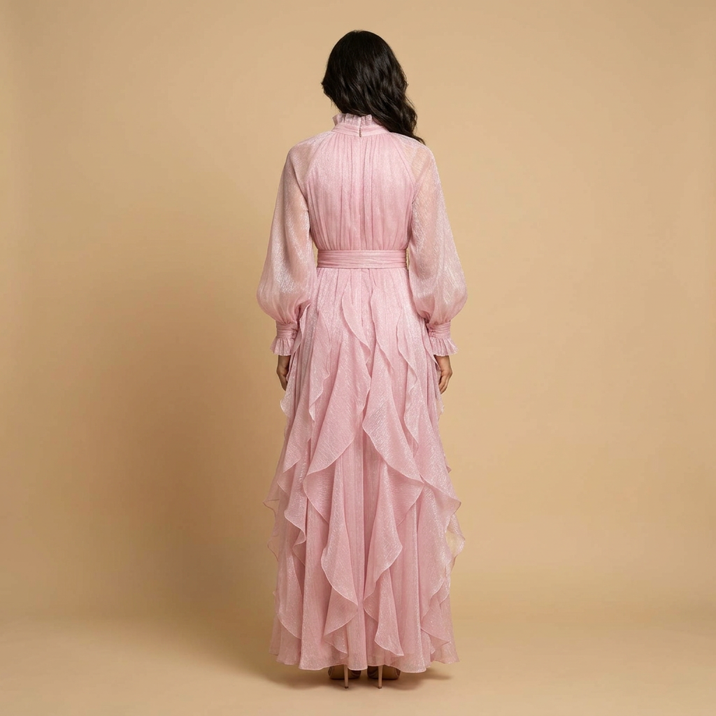 Vestido Largo Mujer de Chifón Cuello Alto Manga Globo