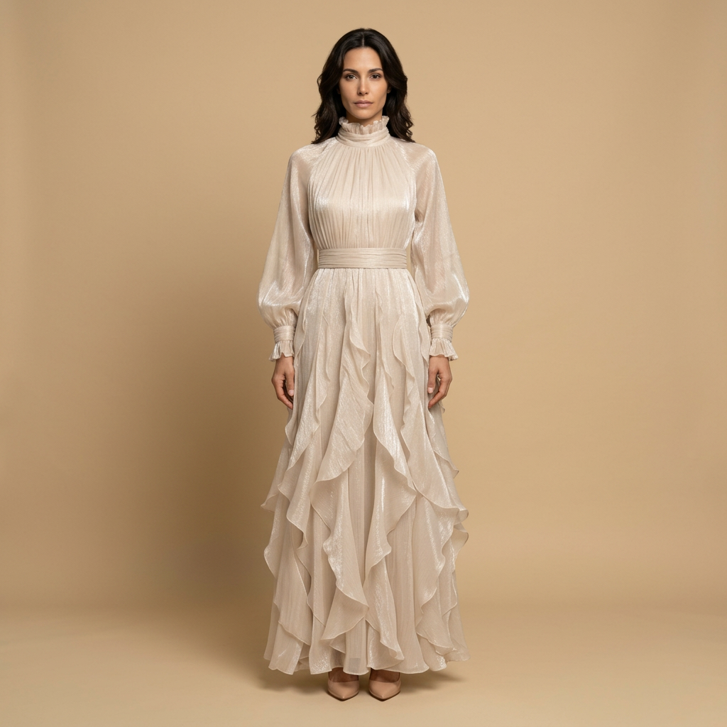 Vestido Largo Mujer de Chifón Cuello Alto Manga Globo