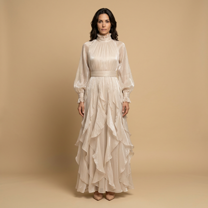 Vestido Largo Mujer de Chifón Cuello Alto Manga Globo