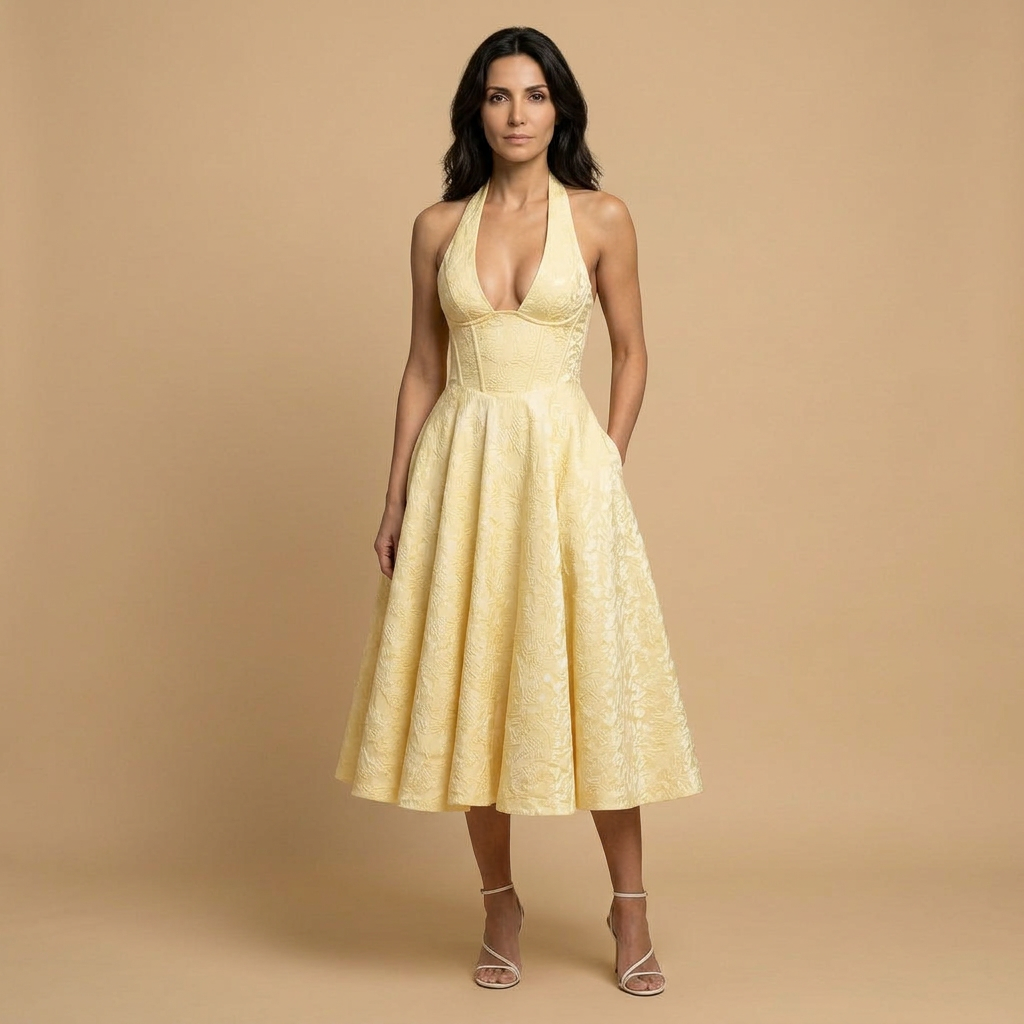Vestido Midi Mujer Jacquard Escote en V Falda de Vuelo