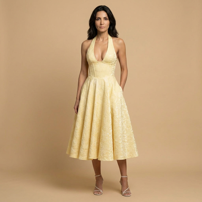 Vestido Midi Mujer Jacquard Escote en V Falda de Vuelo