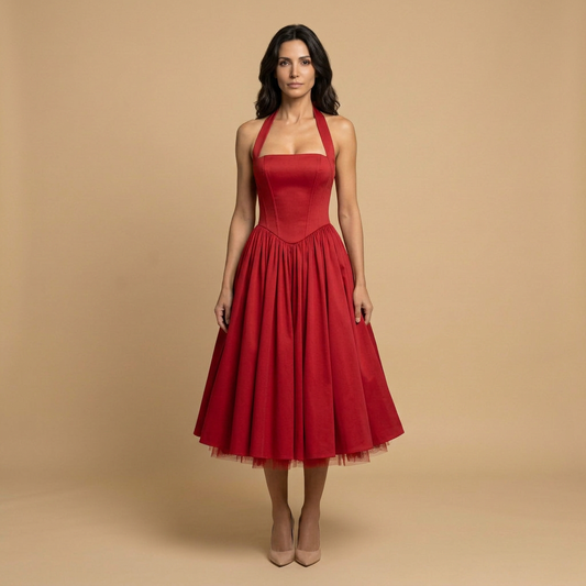 Vestido Midi Mujer de Tul Corsé Halter Falda de Vuelo - Mavetta