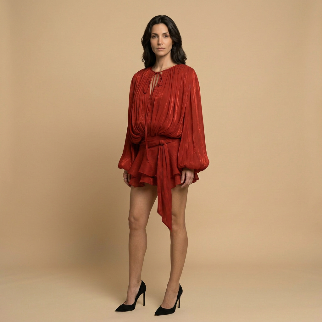 Vestido Corto Mujer Plisado Gasa Manga Globo