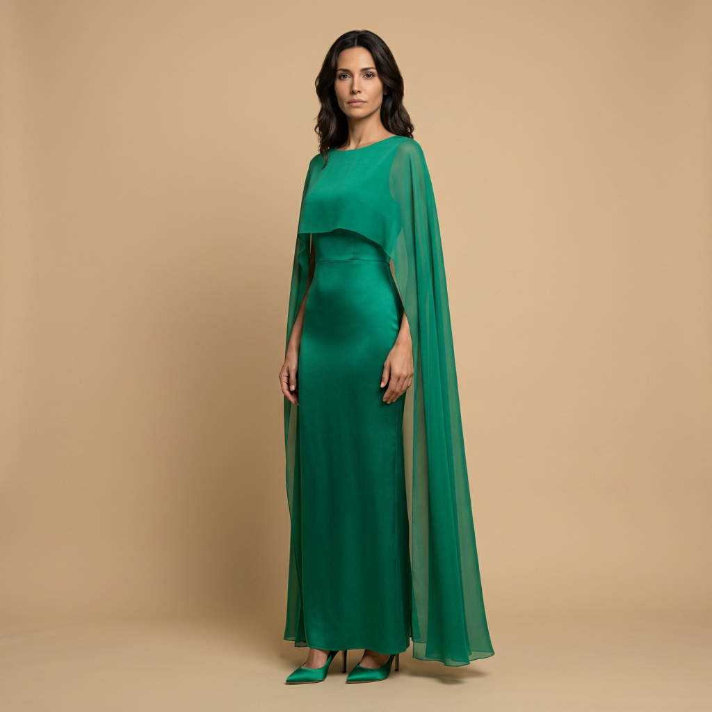 Vestido Largo Mujer Satinado Chifón Manga Ángel