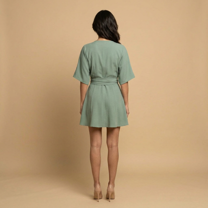 Vestido Corto Mujer Estilo Wrap Manga Kimono con Cinturón