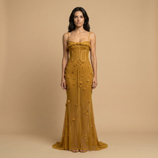 Vestido Largo Mujer con Corsé y Apliques Florales 3D - Mavetta