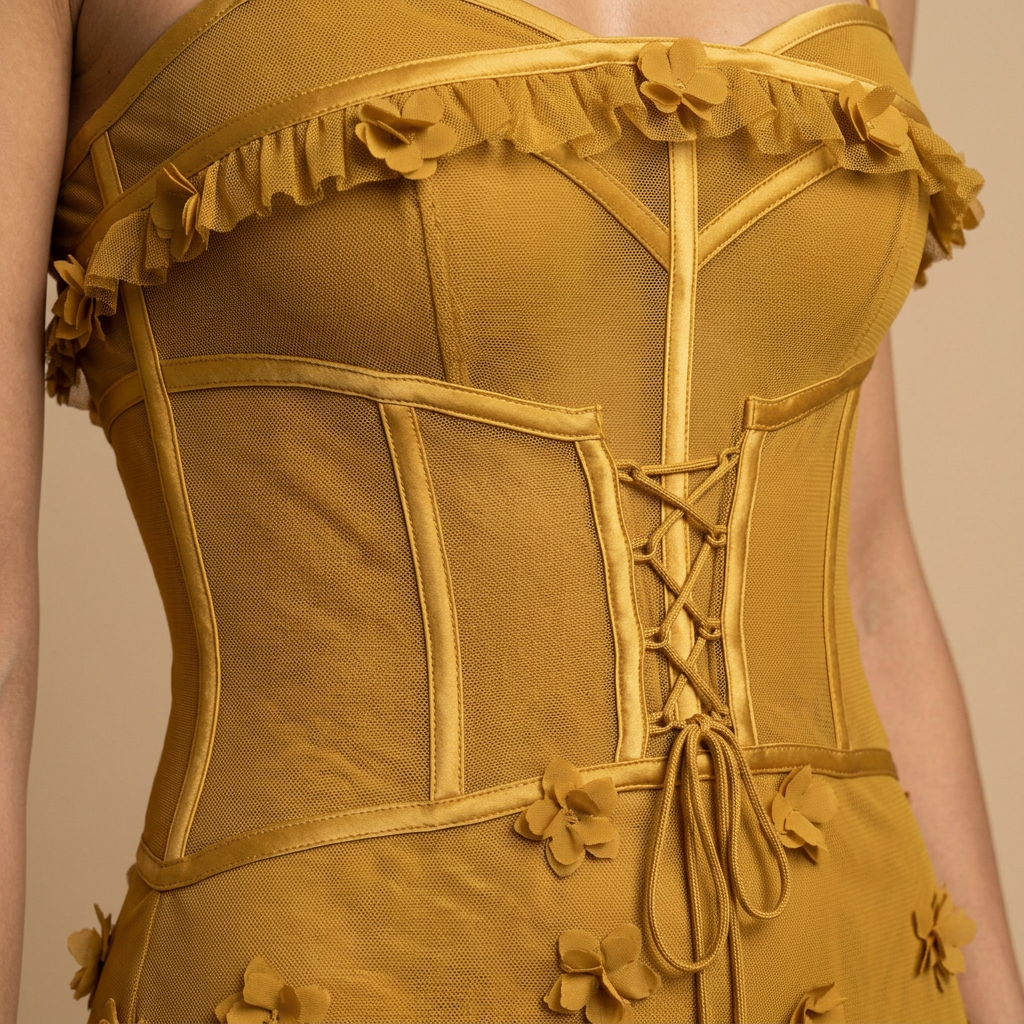 Vestido Largo Mujer con Corsé y Apliques Florales 3D