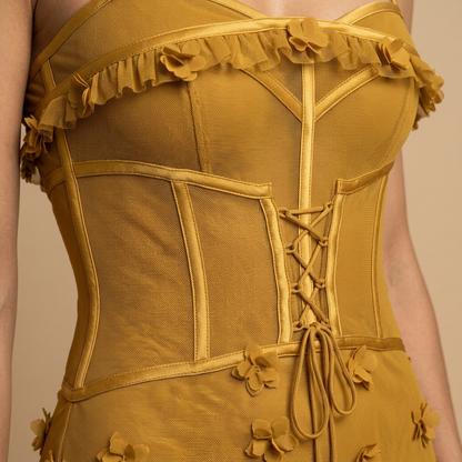 Vestido Largo Mujer con Corsé y Apliques Florales 3D