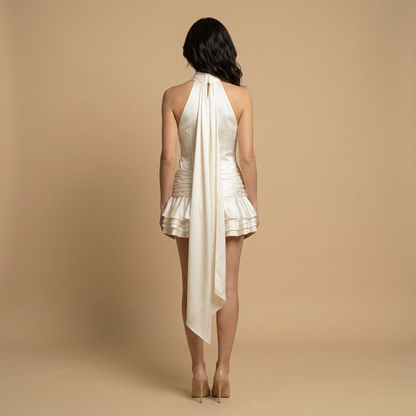 Vestido Corto Mujer Satén Estampado Volantes Halter