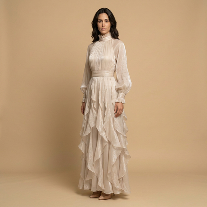 Vestido Largo Mujer de Chifón Cuello Alto Manga Globo