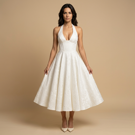 Vestido Midi Mujer Jacquard Escote en V Falda de Vuelo - Mavetta