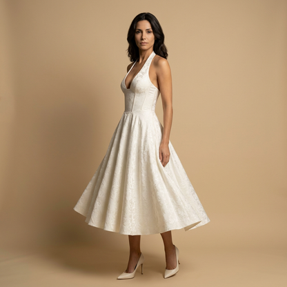 Vestido Midi Mujer Jacquard Escote en V Falda de Vuelo