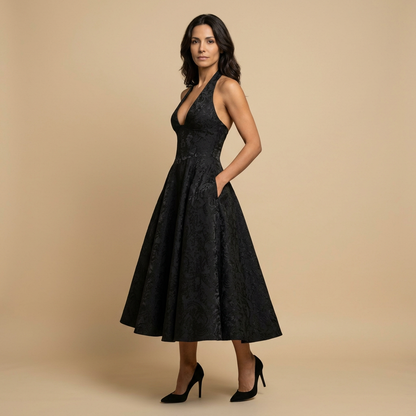Vestido Midi Mujer Jacquard Escote en V Falda de Vuelo