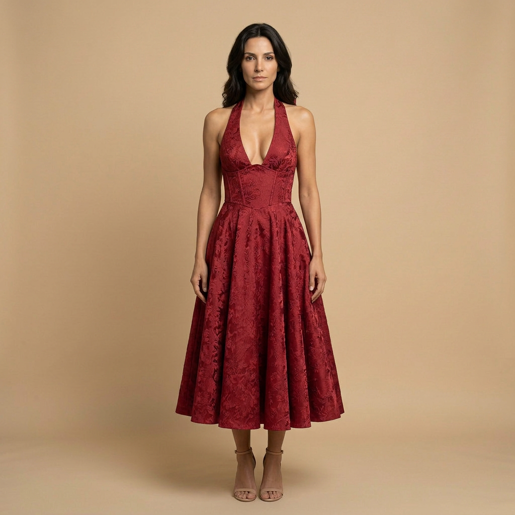 Vestido Midi Mujer Jacquard Escote en V Falda de Vuelo