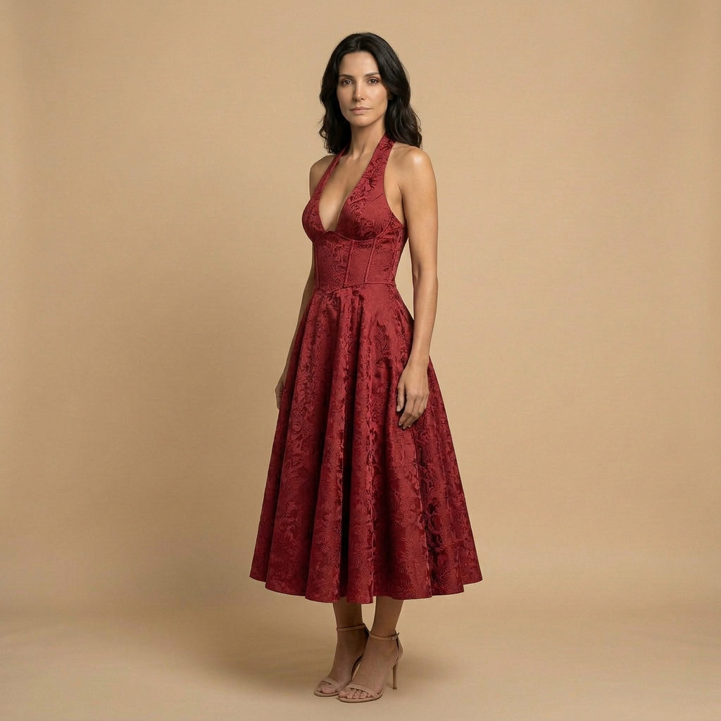 Vestido Midi Mujer Jacquard Escote en V Falda de Vuelo