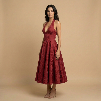 Vestido Midi Mujer Jacquard Escote en V Falda de Vuelo
