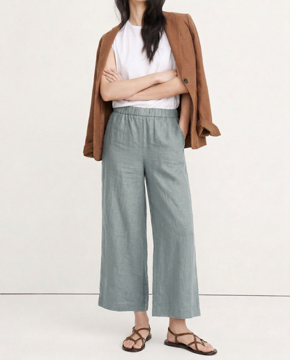 Pantalones Mujer de Lino Pierna Ancha Cintura Alta Elástica - Mavetta