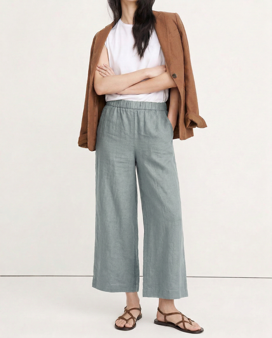Pantalones Mujer de Lino Pierna Ancha Cintura Alta Elástica - Mavetta