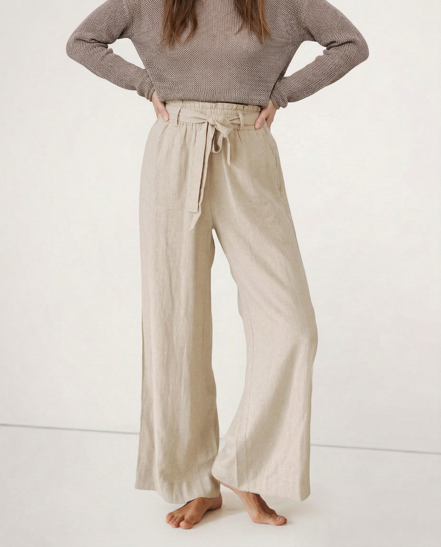 Pantalones Mujer de Lino Pierna Ancha Cintura Elástica Lazo