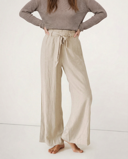 Pantalones Mujer de Lino Pierna Ancha Cintura Elástica Lazo