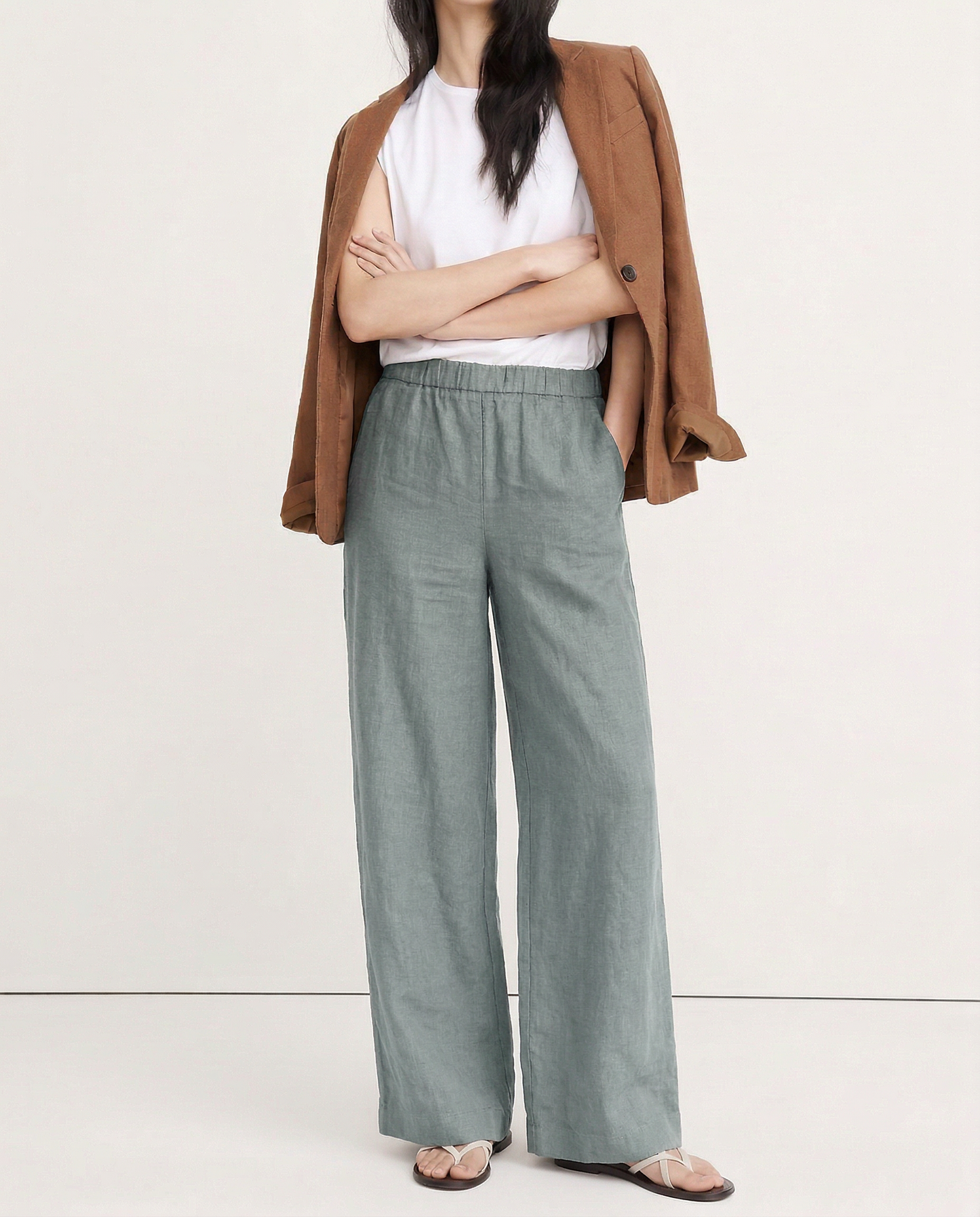 Pantalones Mujer de Lino Pierna Ancha Cintura Alta Elástica