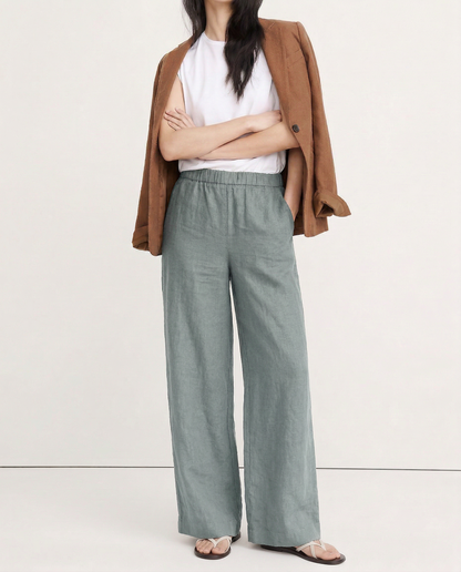 Pantalones Mujer de Lino Pierna Ancha Cintura Alta Elástica