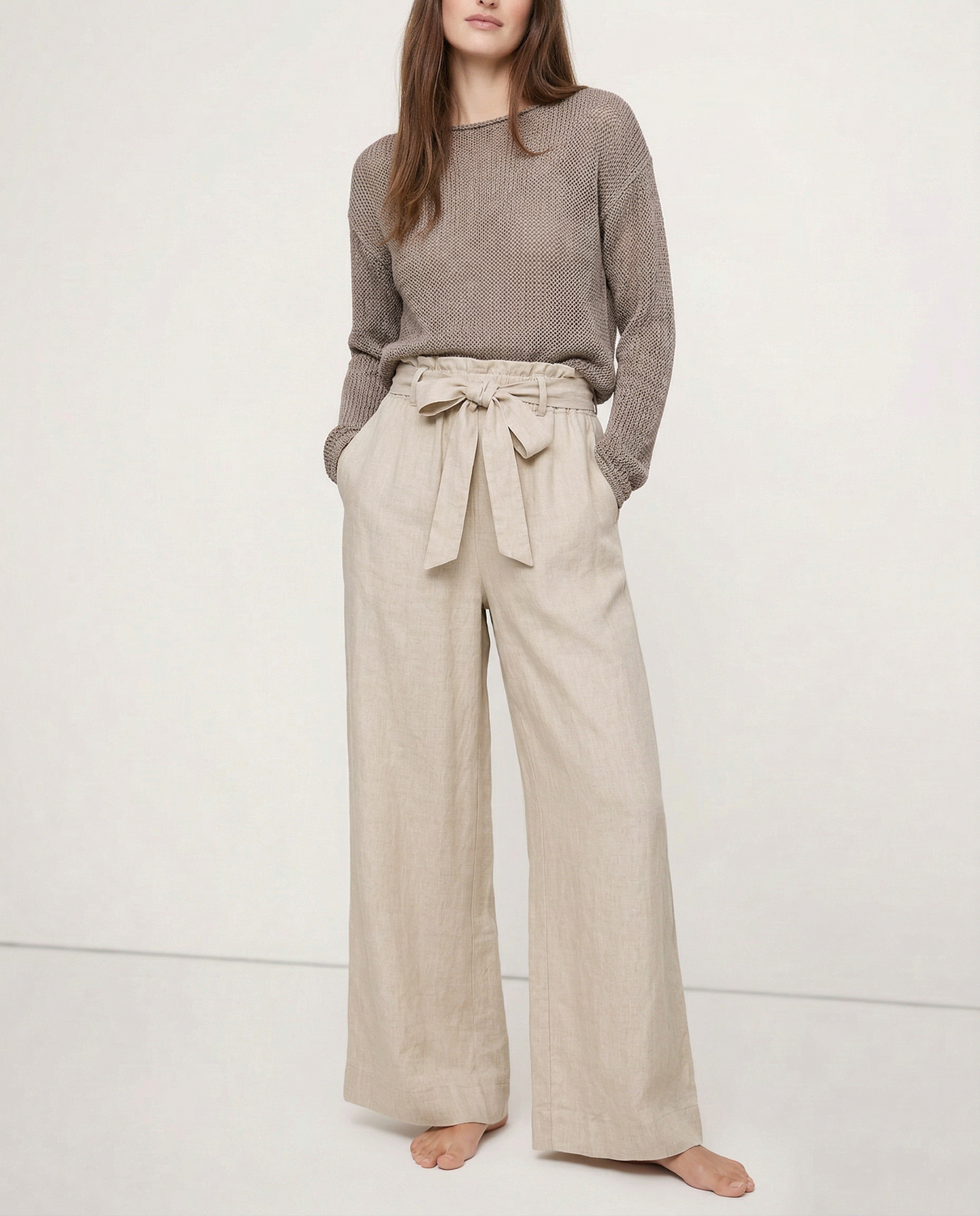 Pantalones Mujer de Lino Pierna Ancha Cintura Elástica Lazo - Mavetta