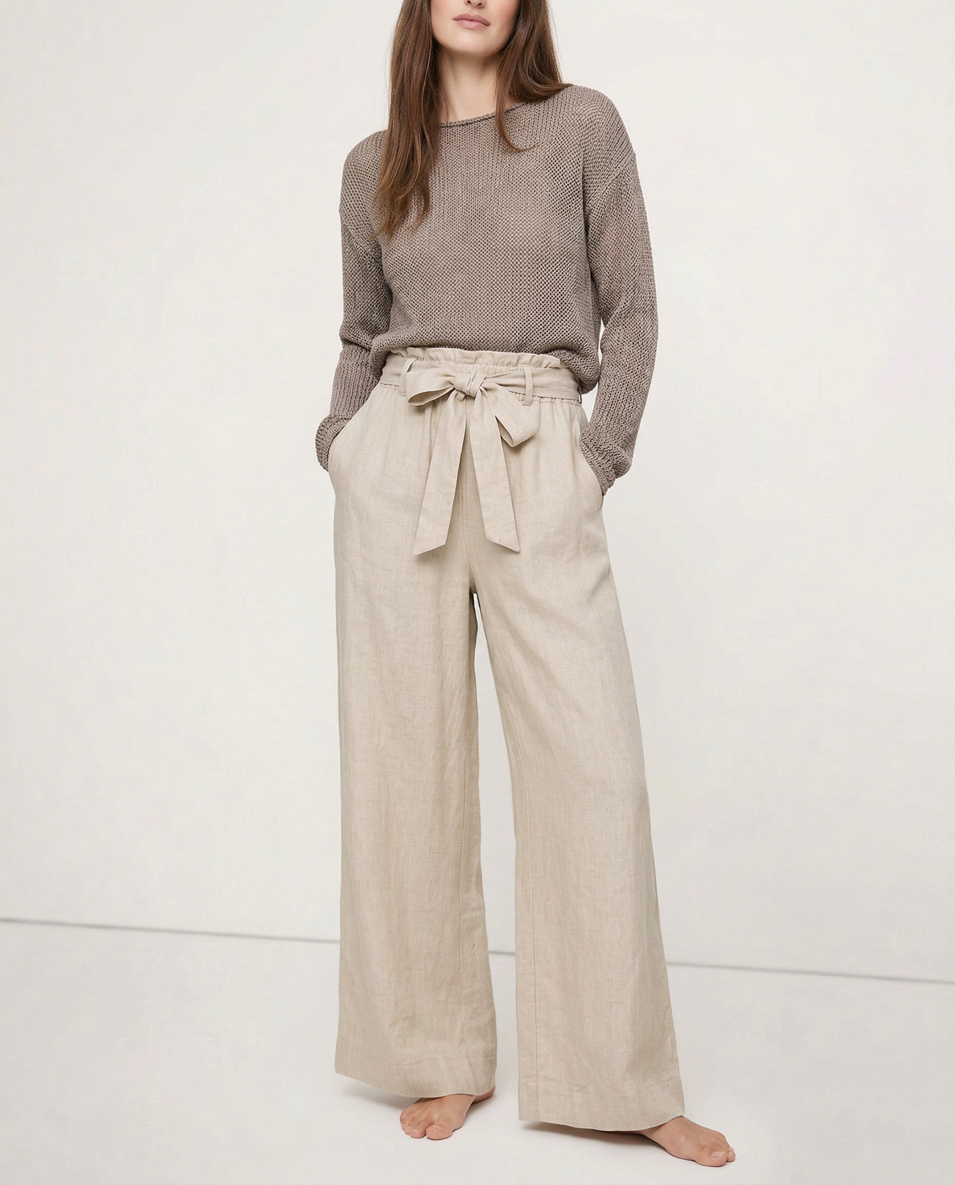 Pantalones Mujer de Lino Pierna Ancha Cintura Elástica Lazo - Mavetta