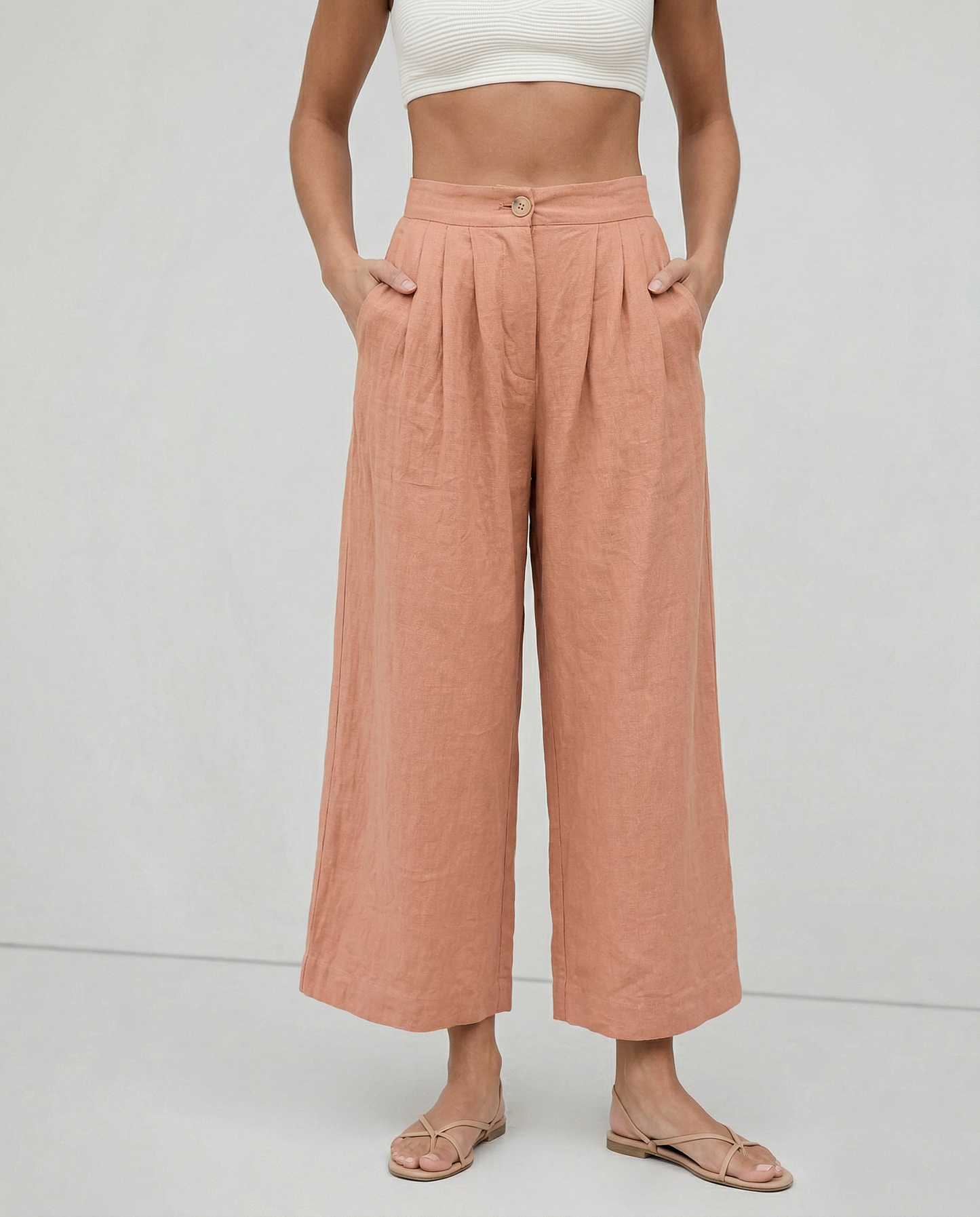 Culottes Mujer de Lino Talle Alto y Pliegues Frontales