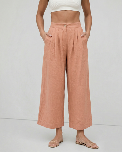 Culottes Mujer de Lino Talle Alto y Pliegues Frontales