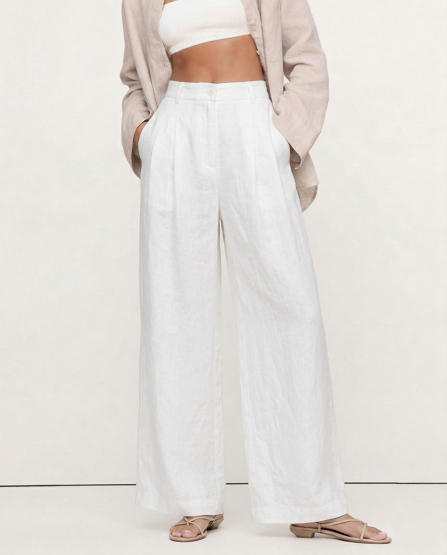 Pantalones Mujer de Lino Pierna Ancha Cintura Alta Elástica