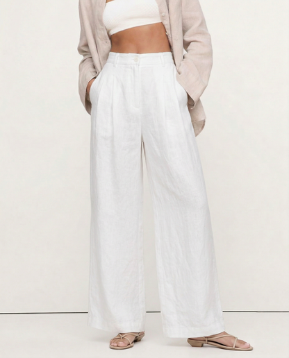 Pantalones Mujer de Lino Pierna Ancha Cintura Alta Elástica